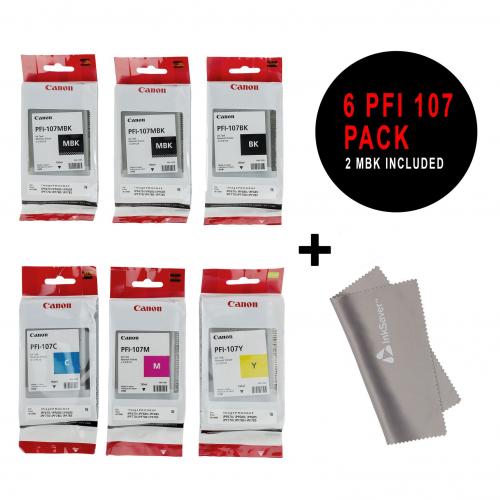 Genuine Brand Sets pfi107 6 INK Bundle with mf                                                          PFI107 Set Genuine Canon Pfi-107 6 Pack Set of 5 Colors Ink Tanks 2 Pfi-107mbk,and 1 Pfi107bk Pfi107c Pfi107y Pfi107m by Canon + InkSaver MicroFiber LCD Screen Cleaning Cloth Genuine Brand Sets pfi107 6 INK Bundle with mf                                                         